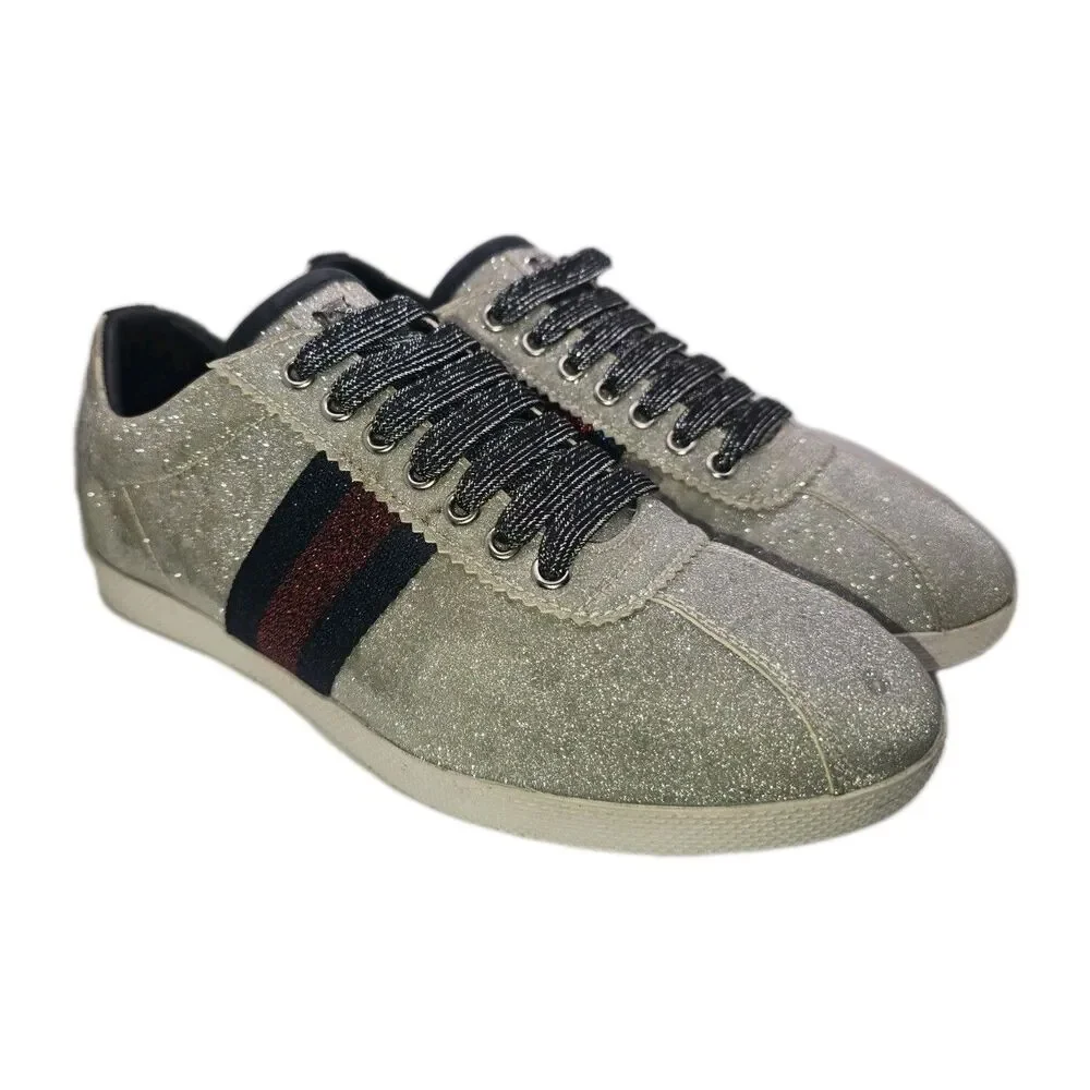 Gucci Bambi Web Silver Glitter Low Top Sneaker Tiger Face Studded Heel Size 40